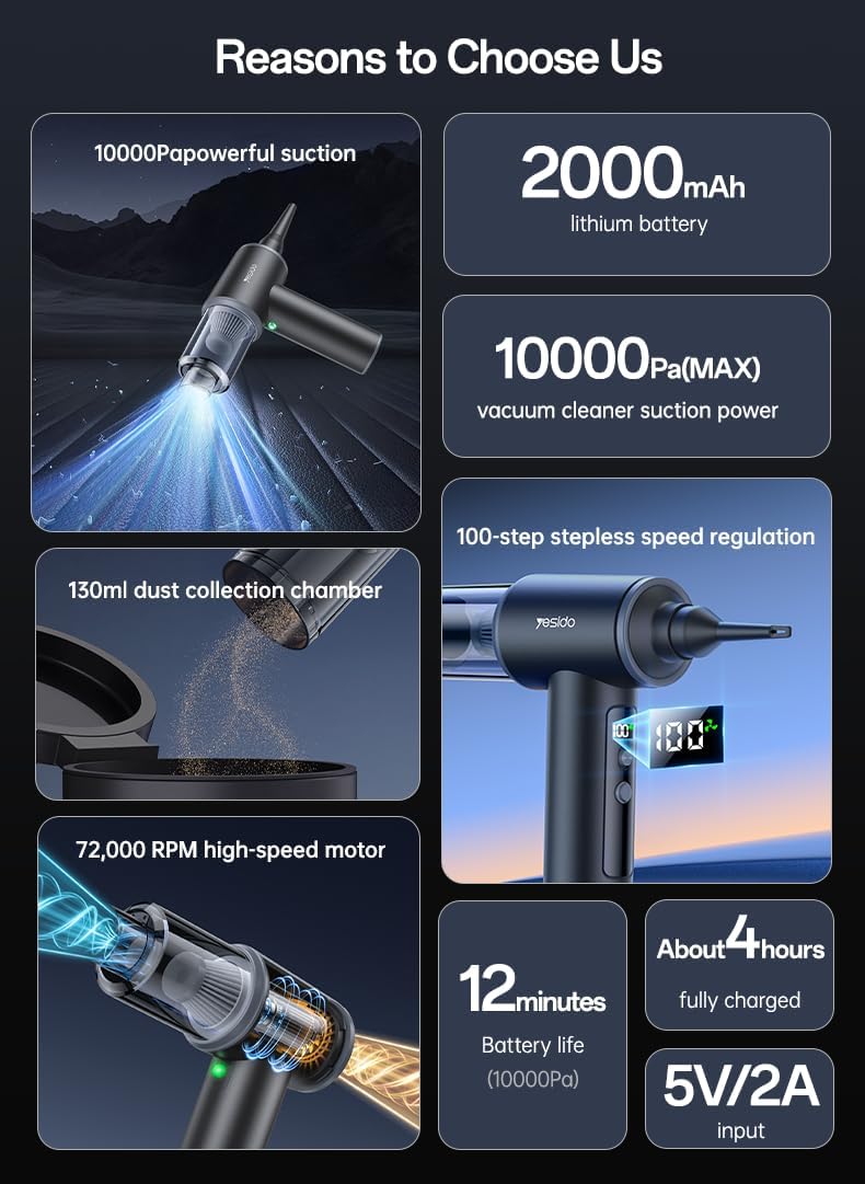 YESIDO Portable Cordless Car Vacuum Cleaner