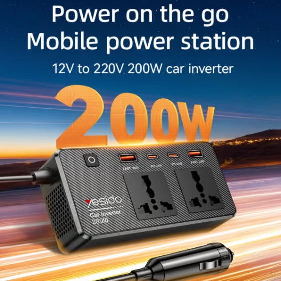YESIDO VC07 200W Car Power Inverter 12V to 220V with QC 3.0 & PD Charging