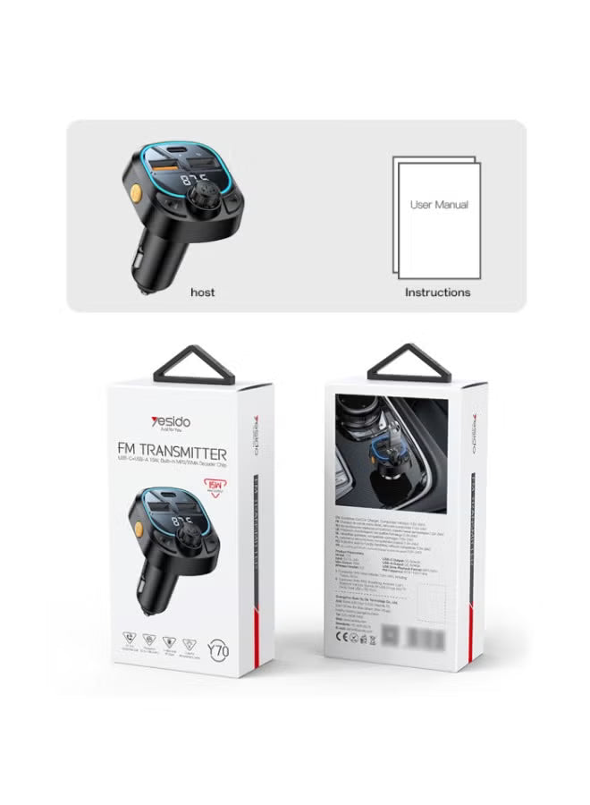 YESIDO Y70 Bluetooth FM Transmitter Car Charger – USB-C, USB & Remote Control