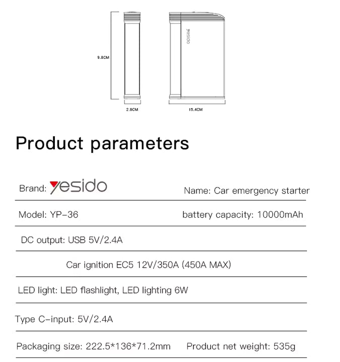 YESIDO Jump Starter 12000MAH